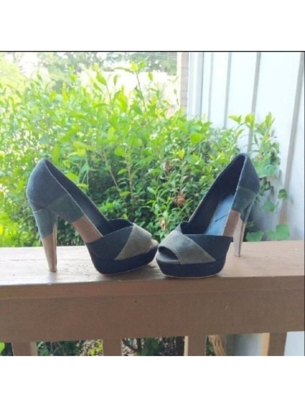 7FAMK Suede Leather Colorblock Peep Toe Heels 5.5M